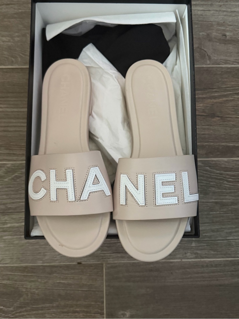 CHANEL Beige Logo Slide Sandals size 9